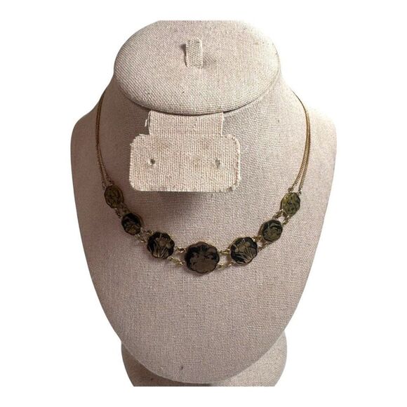 Vintage Japanese Damascene Necklace Graduated Scenic Panels Floral Pagoda 15.5" - Picture 2 of 10